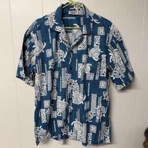 Pacific Legend Hawaiian Shirt Turtle Aztec Tribal Made In Hawaii Blue Men XL EUC
